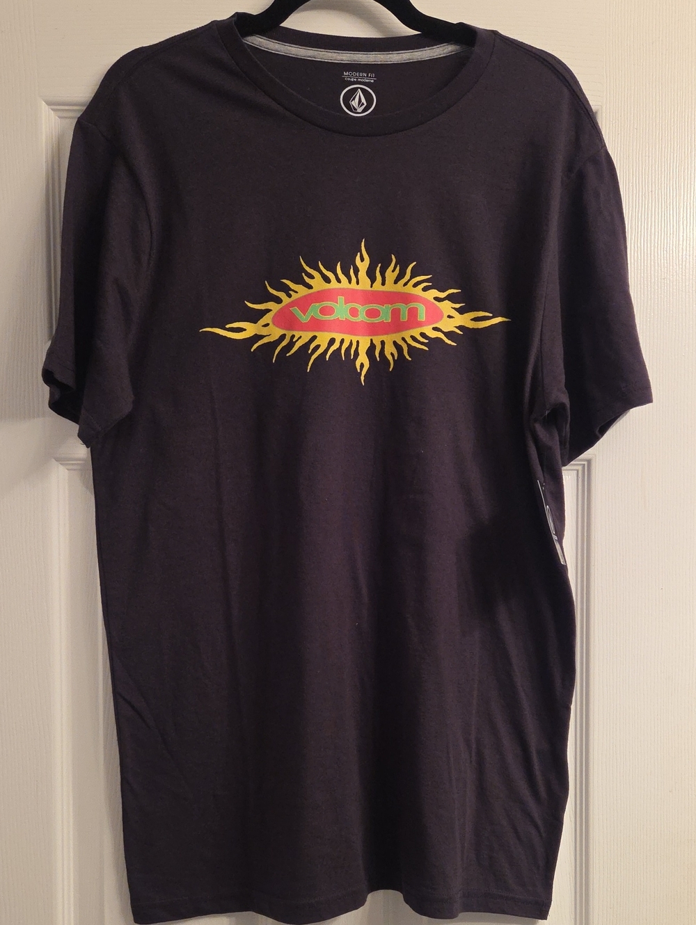 Volcom Black Tee with Yellow Sun and Red Logo